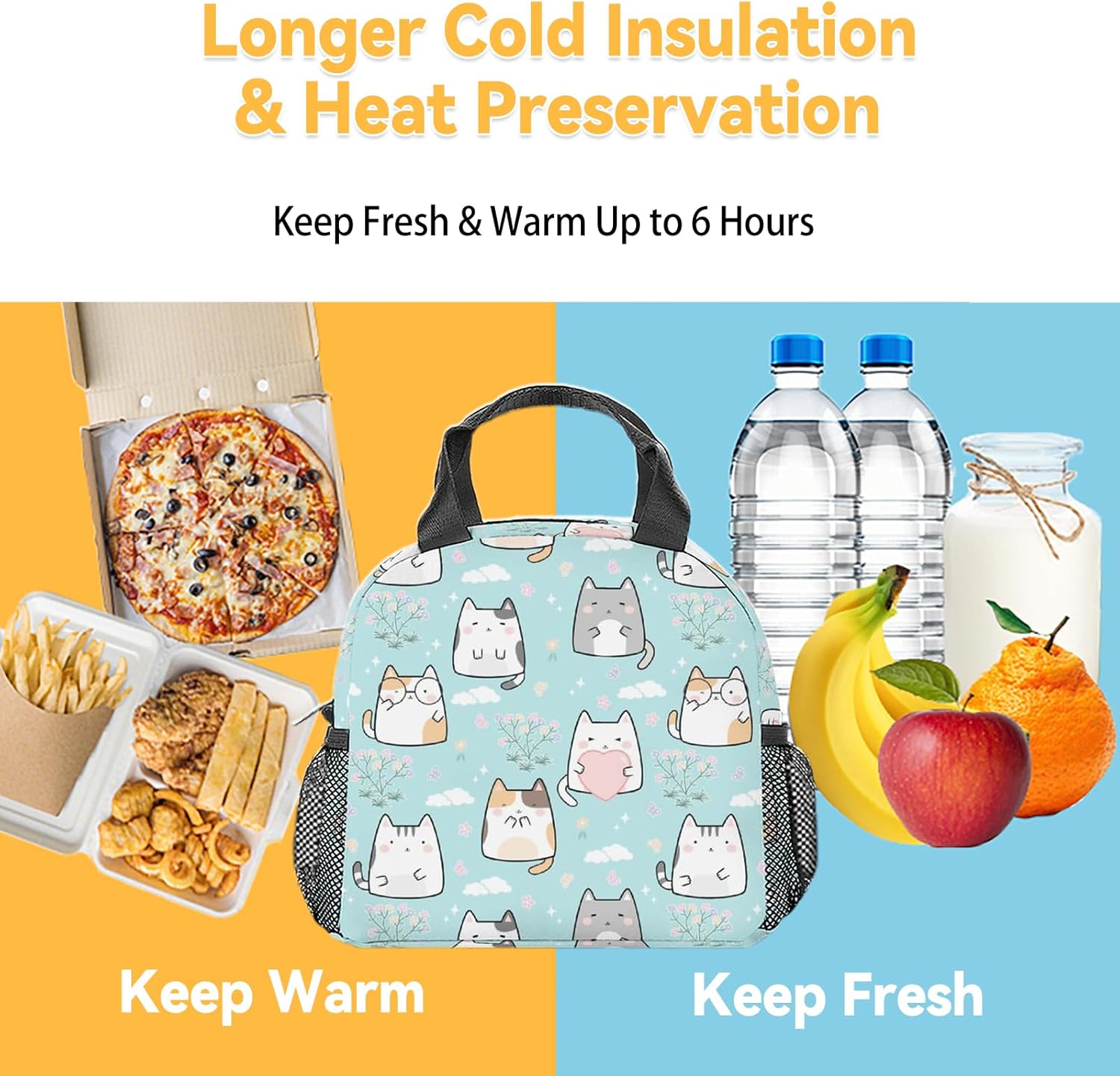 Cat Lunch Bag for Kids, Small Lunch Bags Insulated, Cute Reusable Lunchbox for Women, Light Freezable Lunchbags for School