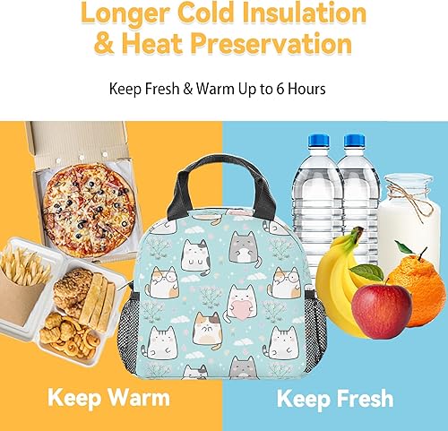 Miniatura 6 de Lonchera para gatos para niños, pequeñas bolsas de almuerzo aisladas, bonita lonchera reutilizable para mujeres, bolsas de almuerzo congelables