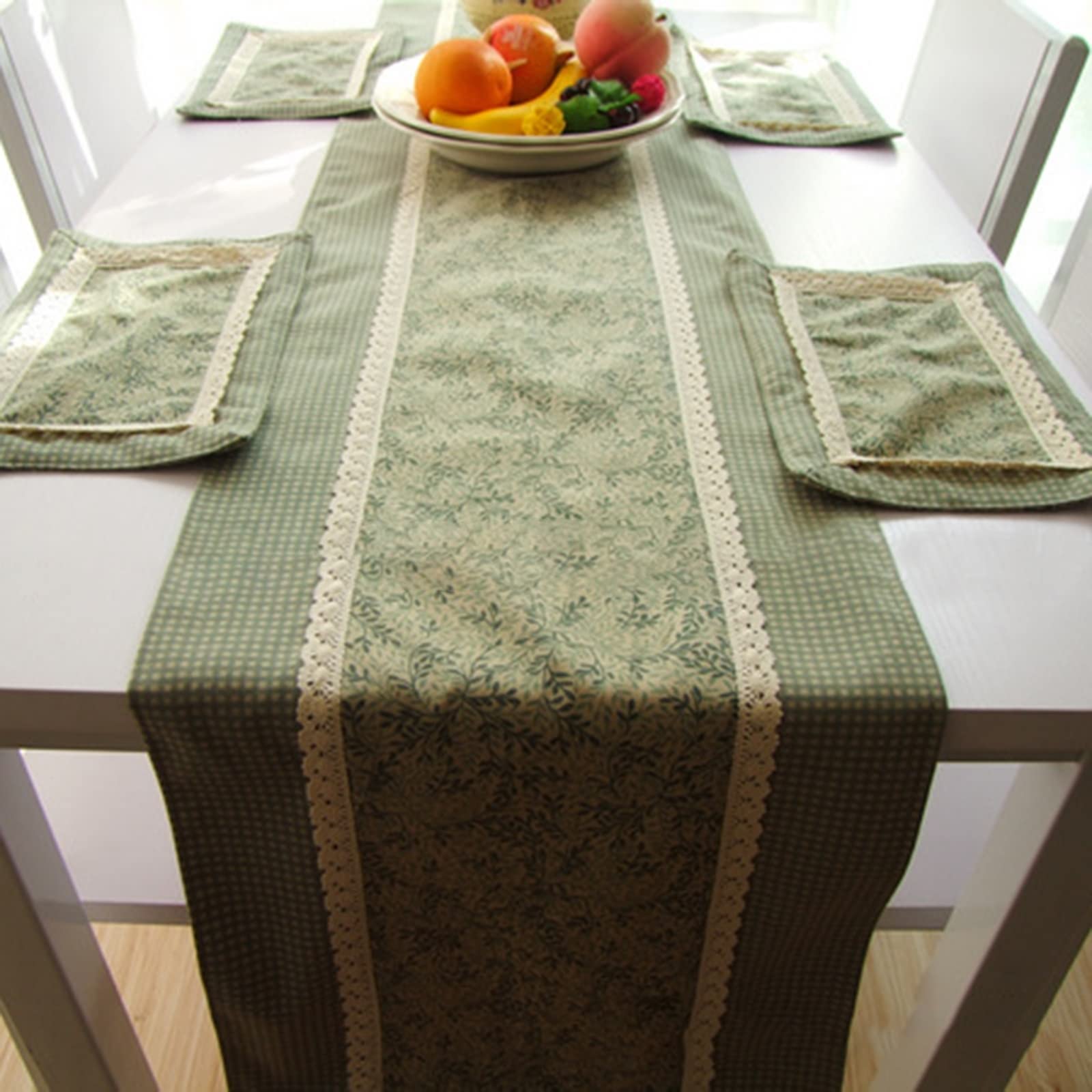 Chemin de table lavable coton lin vert 180cm style champêtre - 5