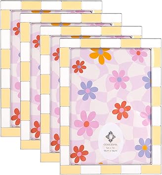 Concepts Yellow And White Checkered Retro Enamled Picture Frame With HD Clear Glass, Extra Durable Photo Frames, Display Wallhung/Tabletop Vertically Or Horizontaly 4 Pack - Yellow, 4X6