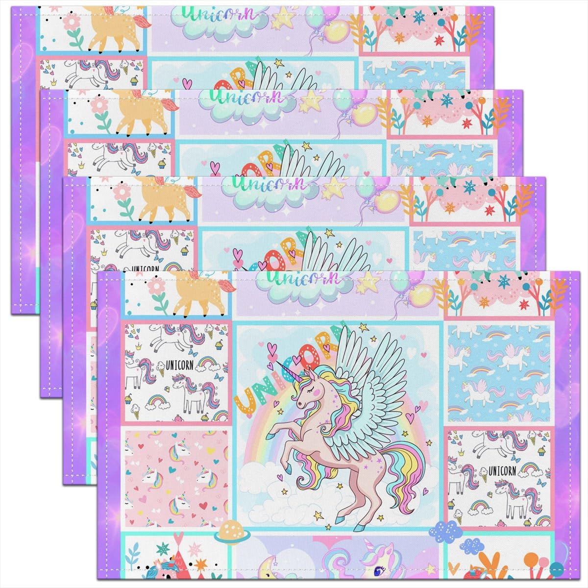 Homemissing Girls Multicoloured 21 Unicorn Placemats Set Of 4,Unicorn Glitter Placemat For Kitchen Dining Table Indoor Outdoor Cute Unicorn Table Place Mats, Cute Animal Table Mat 45X30cm
