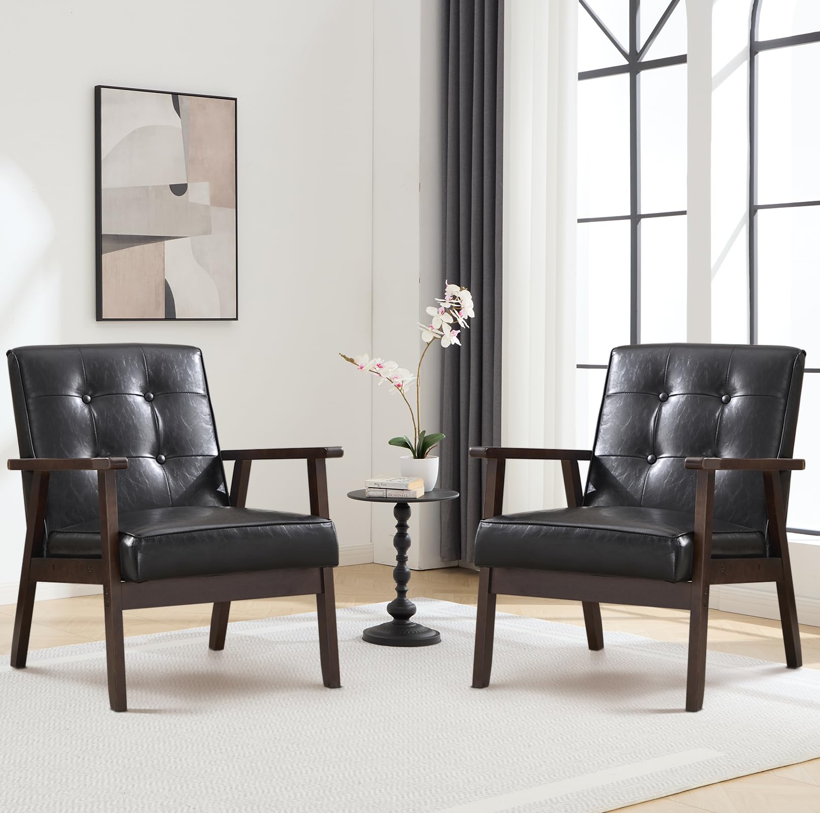 Bonzy Home Mid Century Modern Accent Chairs Set of 2 for Living Room, Upholstered Faux Leather Armchair Comfy Retro Bedroom Side Chair with Solid Wood