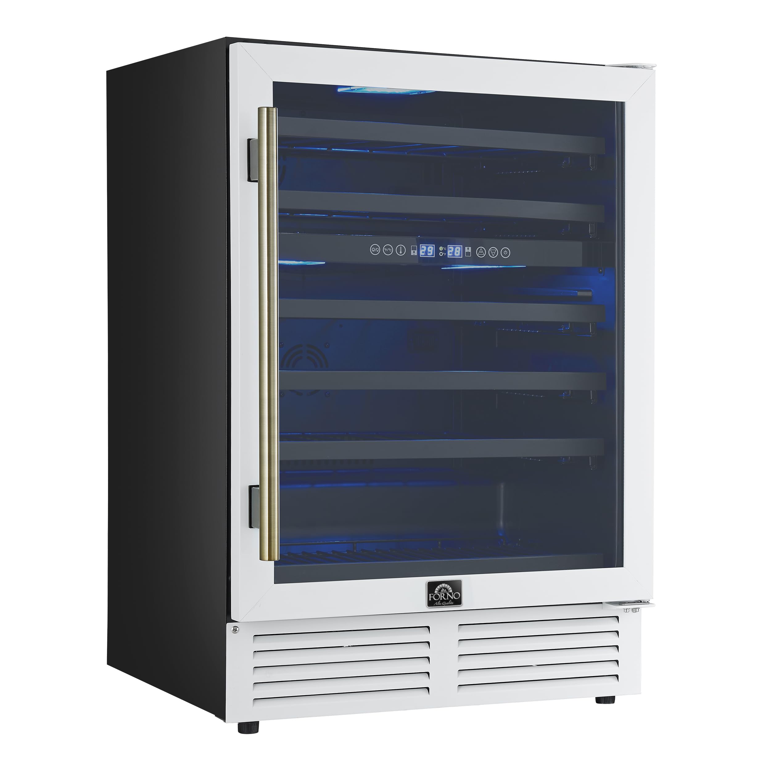 Forno Bacchino 24 Inch Wine Cooler with Antique Brass Handles, 51 Bottle Capacity Beverage Refrigerator with Triple Glass Door and LED Lighting, Built-In or Freestanding - White on Fridge.com