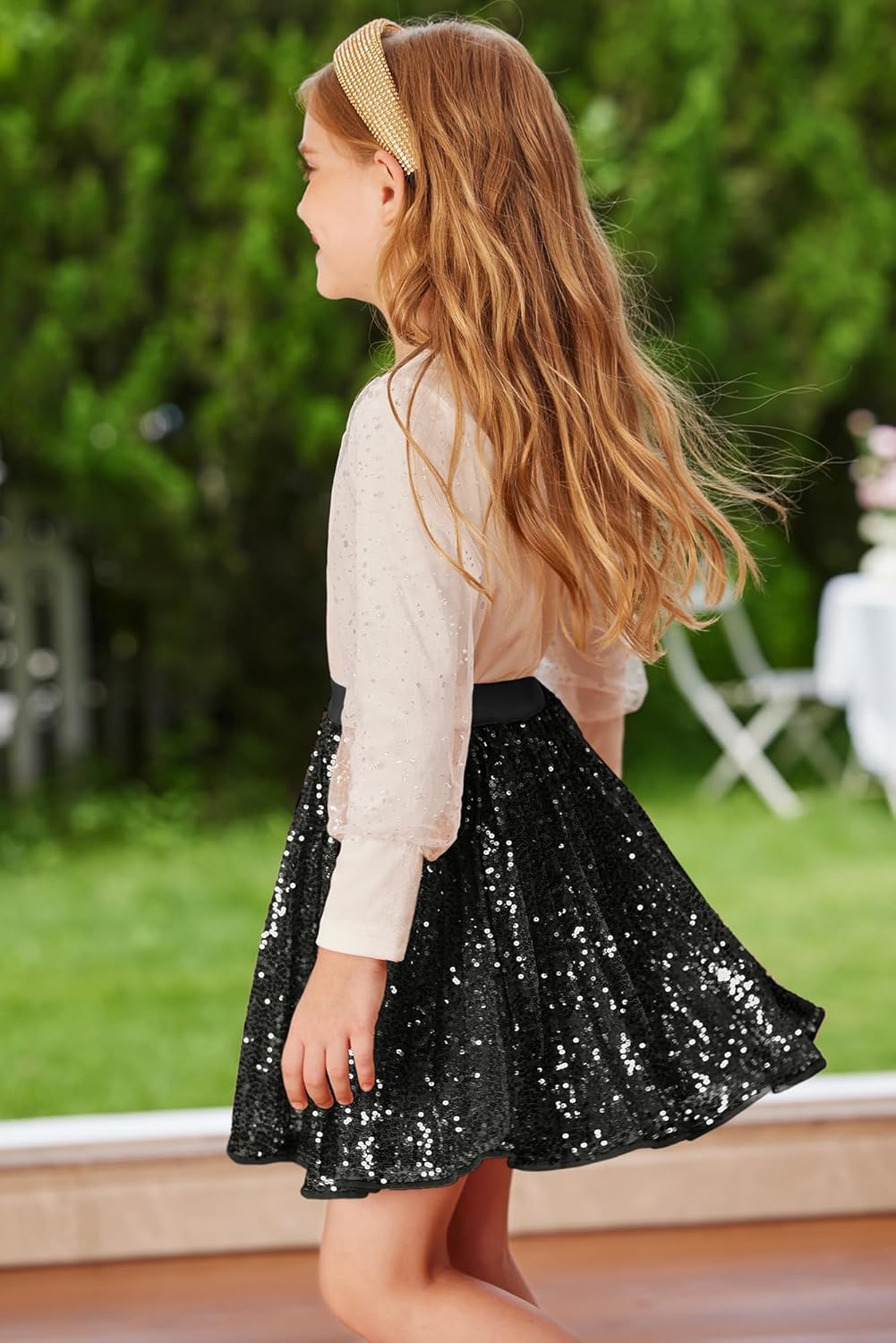GRACE KARIN Girls Sequin Skirt Elastic Waist Sparkle Pleated Skirt for Party 5-14Y - Image 3