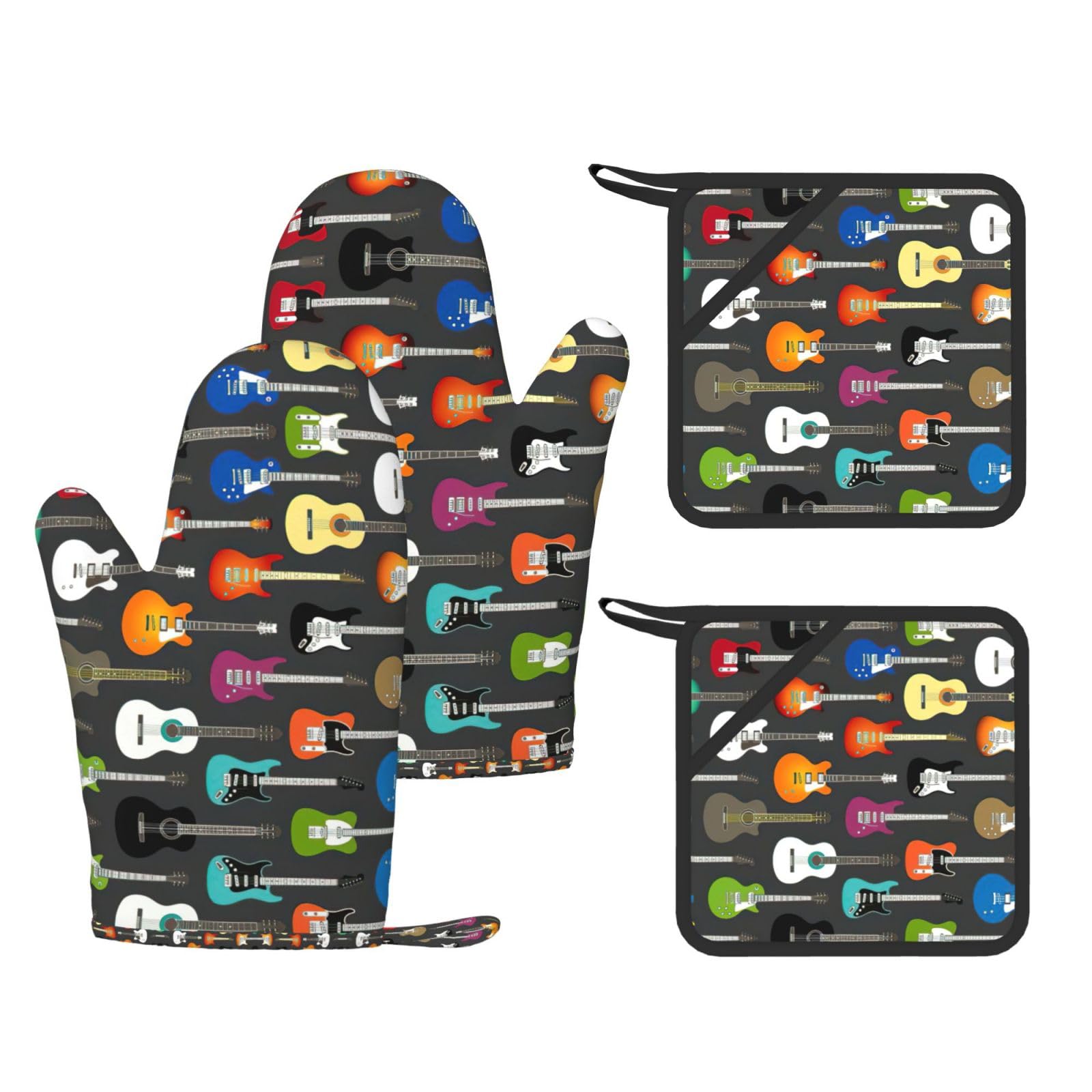 Color Acoustic and Guitars Printed Oven Mitts and Pot Holders Set of 4, Heat Resistant Silicone Gloves for Baking Grilling