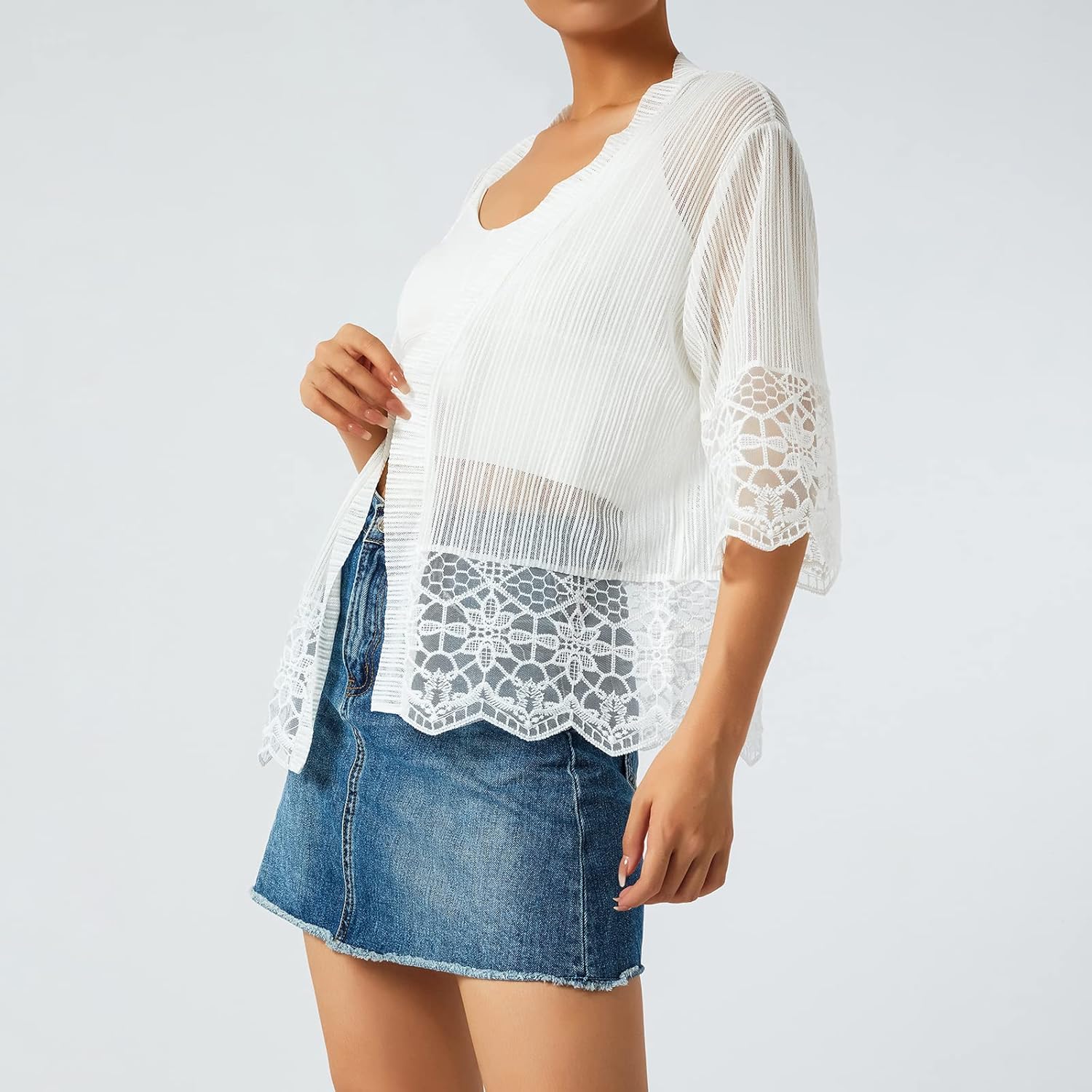 Women's Short Cardigan Sheer Mesh Bolero Shrug 3/4 Sleeve Crop Tops Lace Jacket Beach Cover up for Dress - Image 6