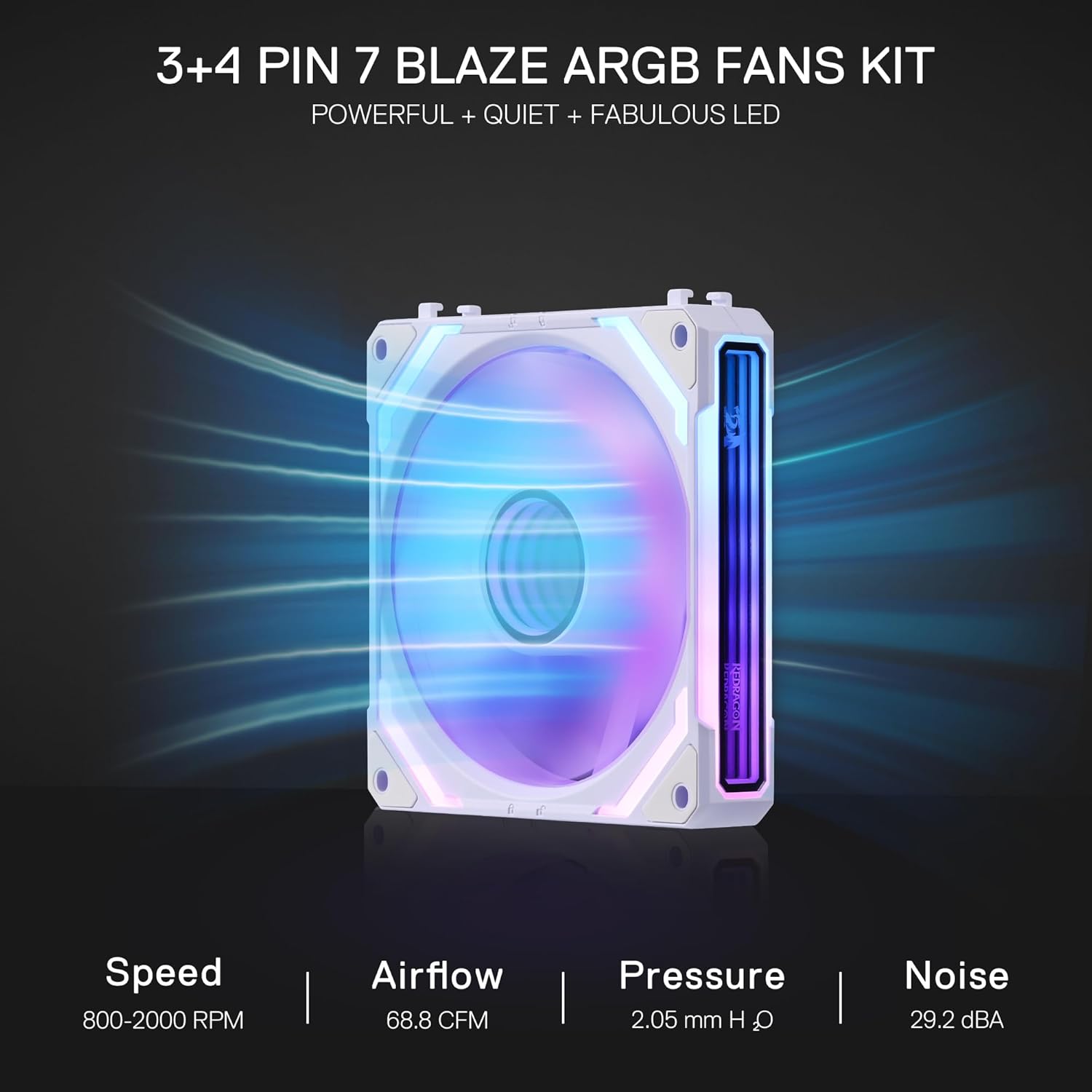 Redragon GCF012 Reverse 120mm PC Case Fan, Daisy-Chain Connection, 5V 3Pin ARGB Lighting, 4 Pin PWM Case Fan, for Radiator/Computer Case Cooling, 120x120x25mm, 3 Pack, White