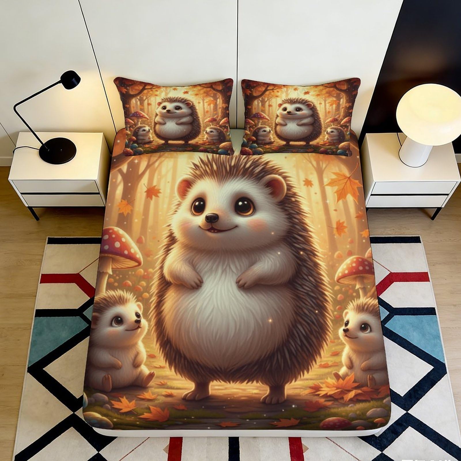 3D Printed Cute Hedgehog Fitted Sheet Microfiber Soft Breathable Autumn Forest Bed Cover for Bedroom Dormitory Guest Room Mattress Protection 200x200x25cm