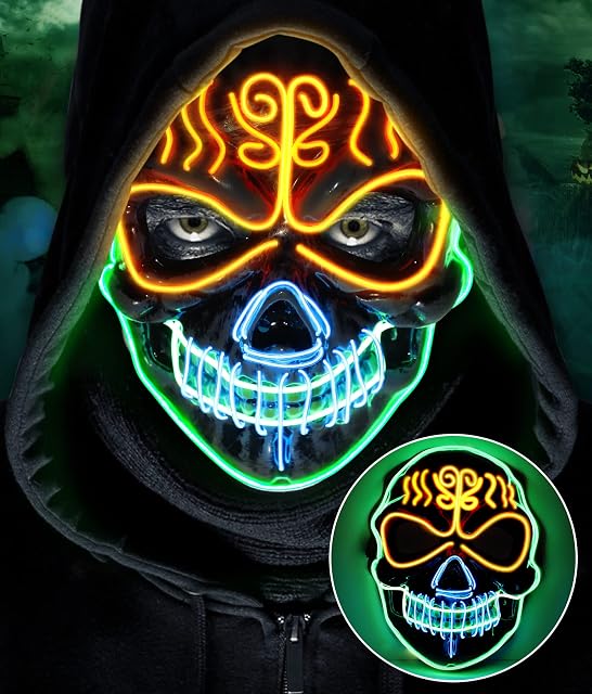 lenbest Halloween Mask - Halloween Light Up Scary Masks - LED Flashing Rave Mask 3 Colors & 3 Modes Halloween Masks Gift Toys for Kids Adults Men Women