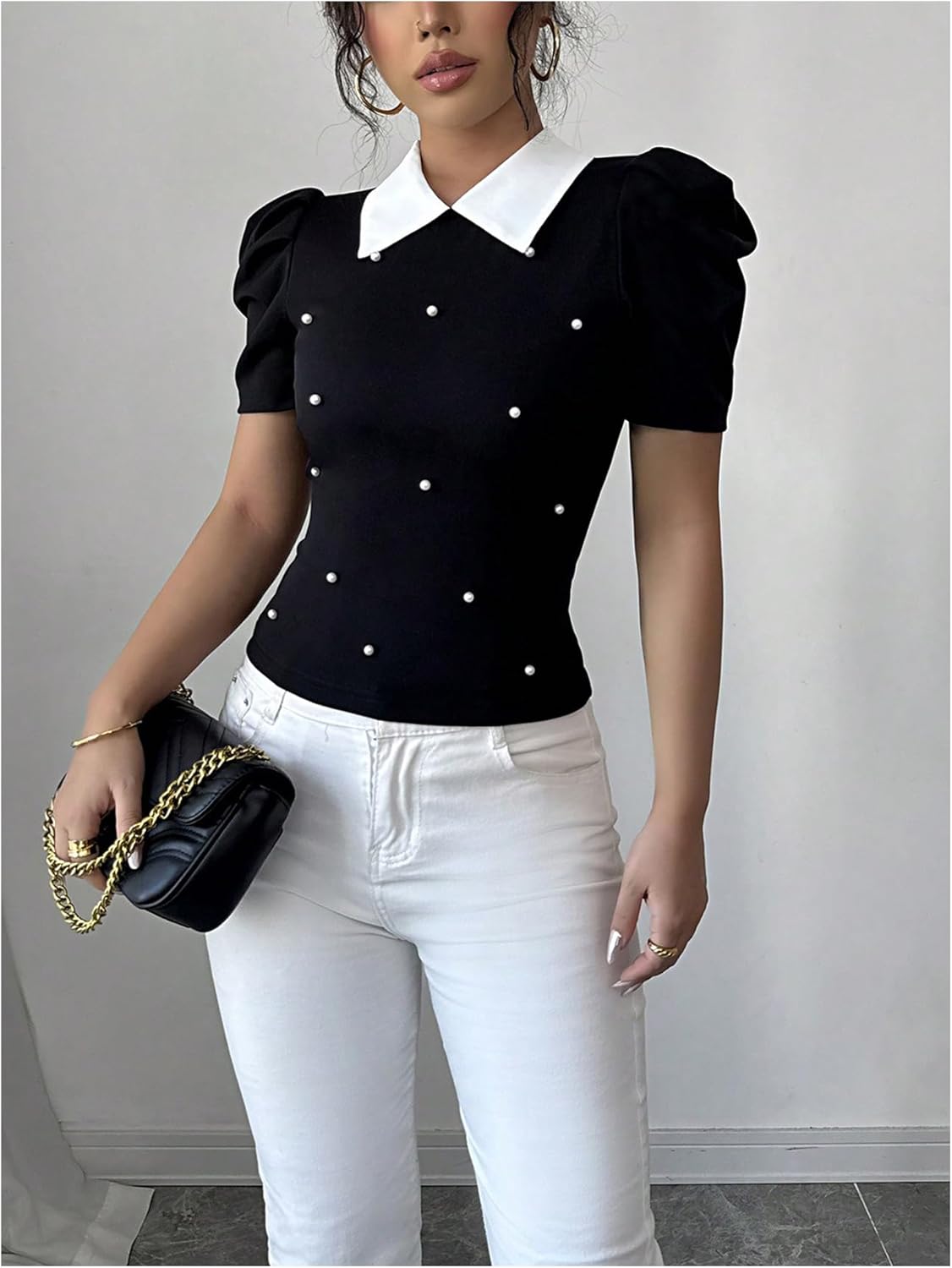 WDIRARA Women's Pearl Short Puff Sleeve Tops Collared T Shirts Dressy Fitted Tops - Image 6