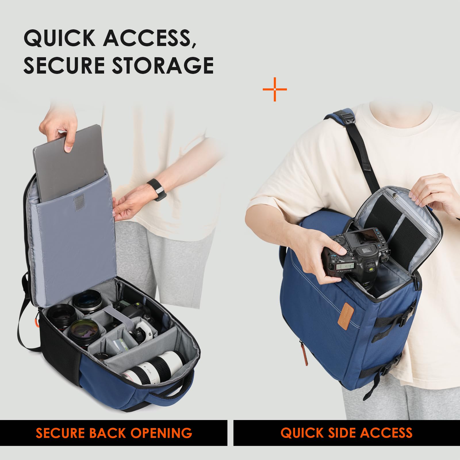 TARION Mochila impermeable para cámara de gran capacidad con compartimento para laptop de 15 pulgadas, cubierta de lluvia para mujeres y hombres, trípode para lentes de fotógrafo, color azul