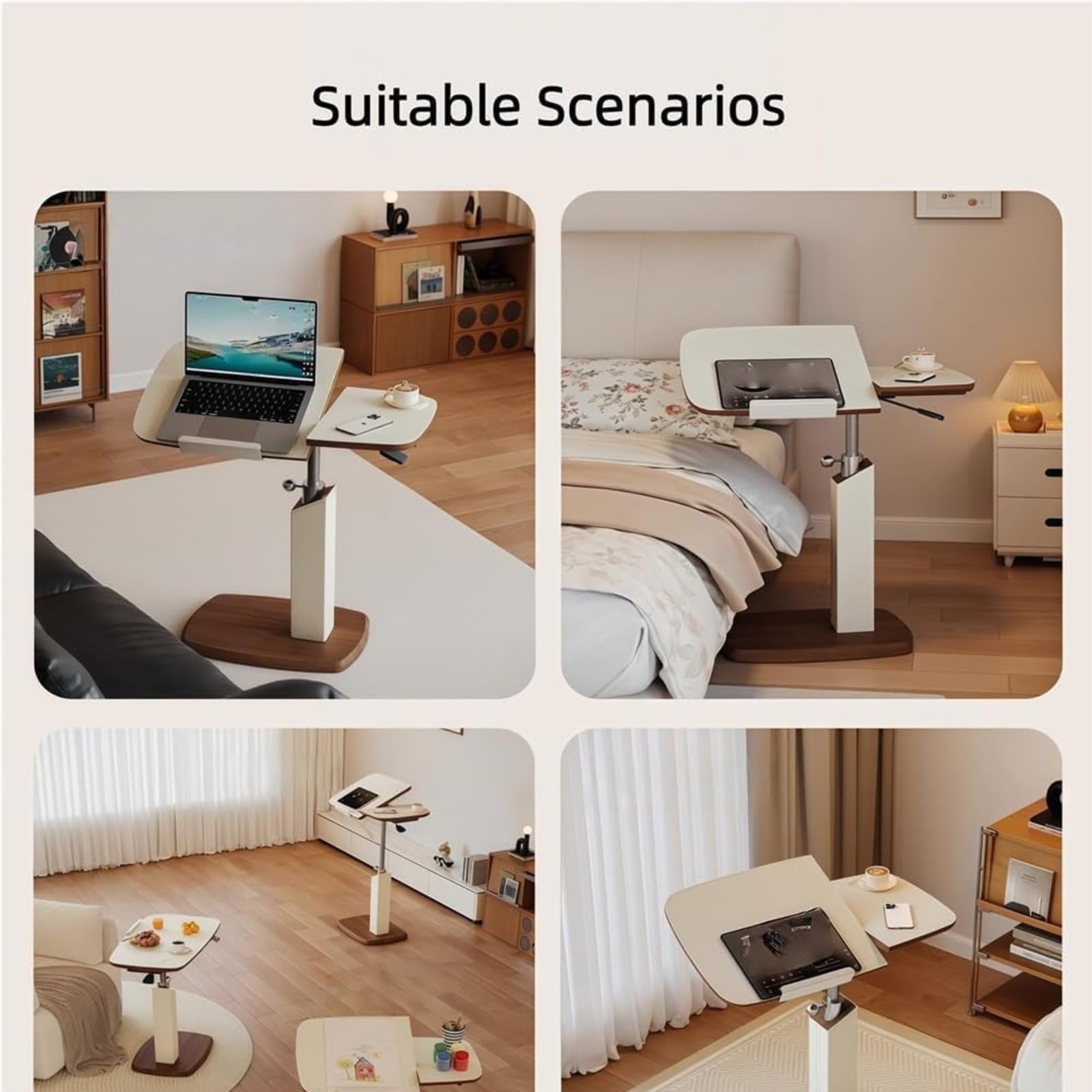 Mesa auxiliar en forma de C de altura ajustable con parte superior giratoria, mesa de sofá rodante que se desliza debajo del sofá, bandeja de TV para cama, color blanco