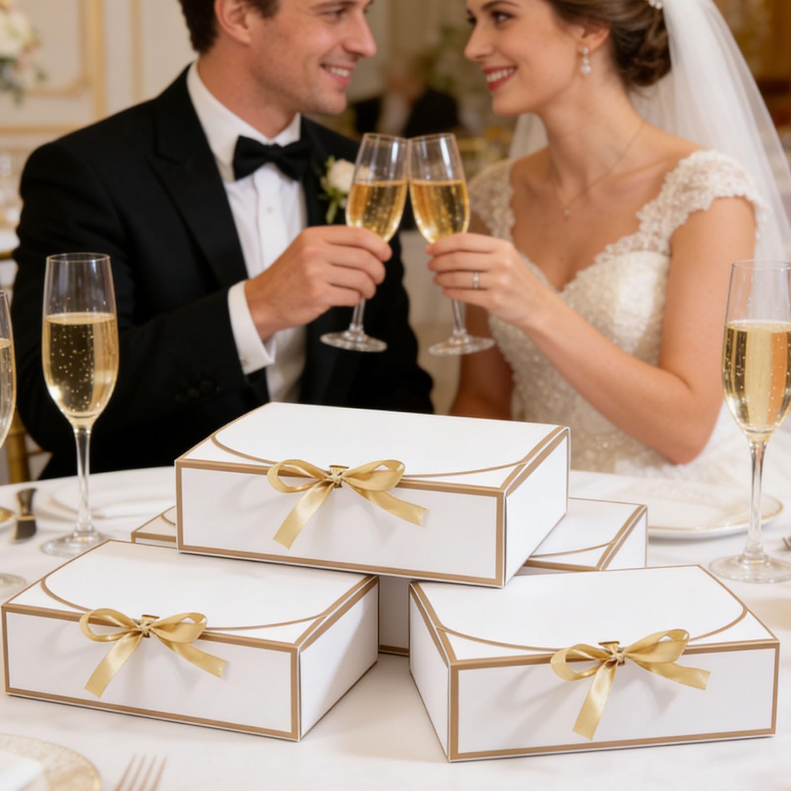 GLOBLELAND Lot de 12 boîtes cadeaux pliables pour demoiselle d'honneur avec rubans - 27,9 x 26,9 cm - Blanches - Pour emballage de mariage, fête des mères, anniversaire de mariage