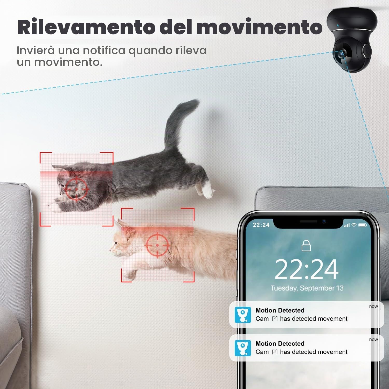 litokam Telecamera Wi-Fi Interno, Videocamera Sorveglianza Interno Pan/Tilt Rotazione a 360°, 2K Videocamera di Sorveglianza con Visione Notturna, Tracciamento del Movimento e Audio Bi-direzionale