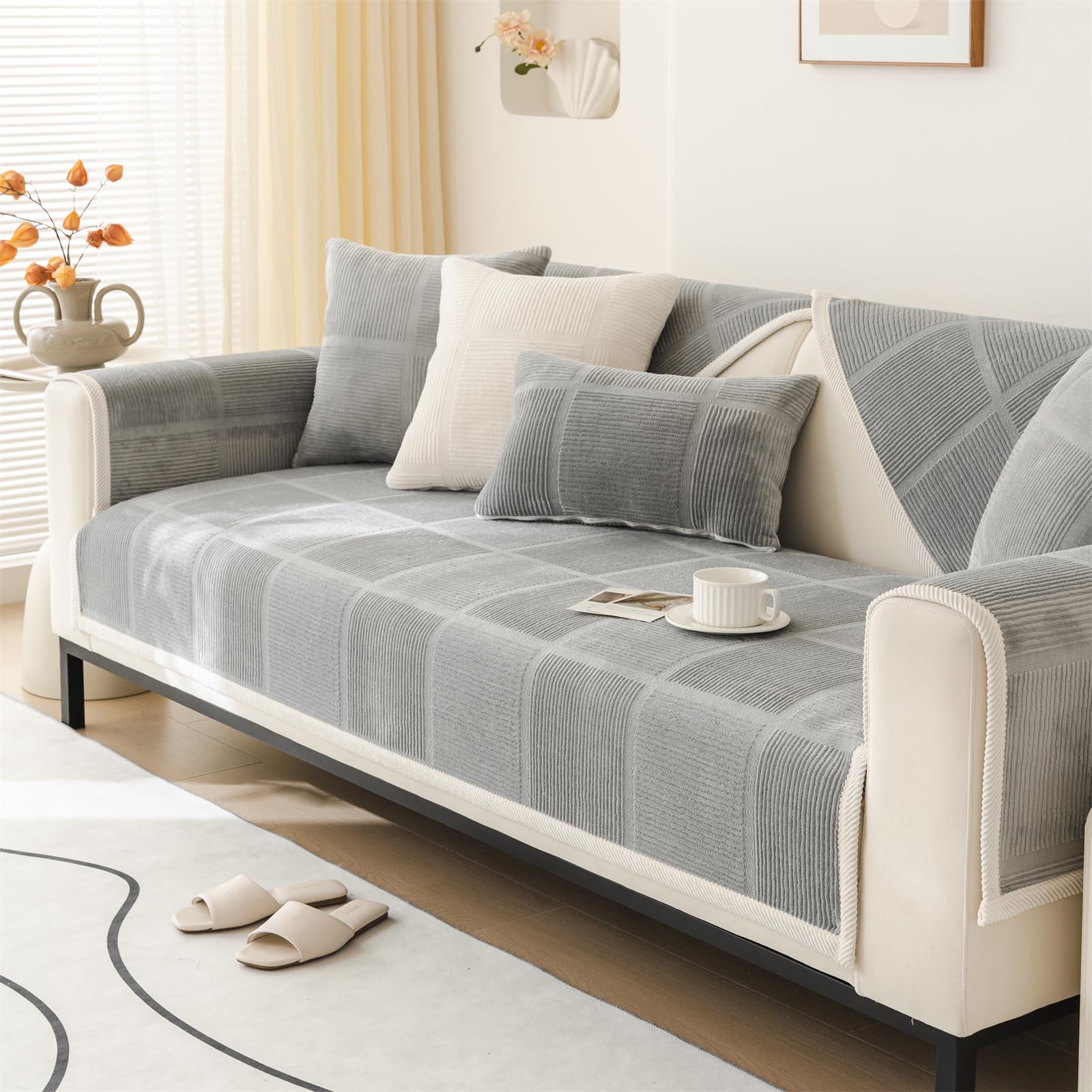 Herringbone Chenille Fabric Furniture Protector Sofa Cover 1 Seater, Non-Slip Sofa Slipcovers for Corner L Shape, Thick Textured Sofa Cushion Covers Furniture Protector (Grey,70x70cm) — view 16
