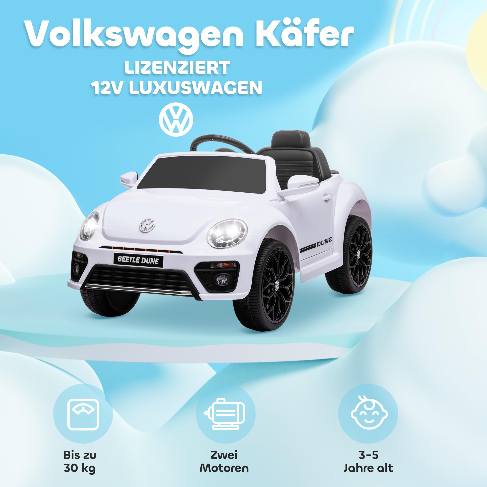AIYAPLAY auto elettrica per bambini 12V auto per bambini con telecomando 2.4G, musica, clacson, auto elettrica con luci LED, connessione USB/MP3, 3-5 km/h, per bambini 3-5 anni, bianco