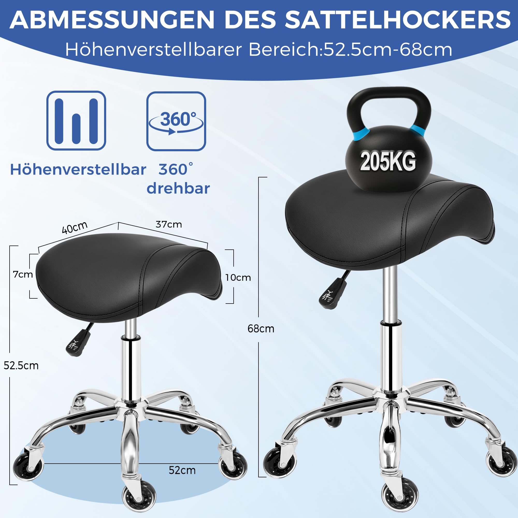 ANWBROAD Sattelhocker mit Rollen 360° Drehhocker Silent-Rollen höhenverstellbar Rollhocker bis 205 kg Ergonomisch Dickes Leder breite Sitz für Schönheitssalons, Salon, Spa und Kliniken Schwarz WSS001B