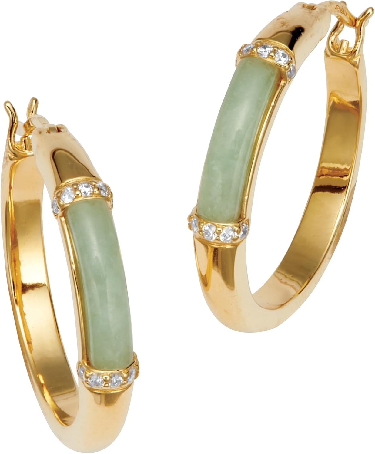 PalmBeach Yellow Gold-plated Genuine Green Jade and Round Cubic Zirconia Hoop Earrings (24.5mm)