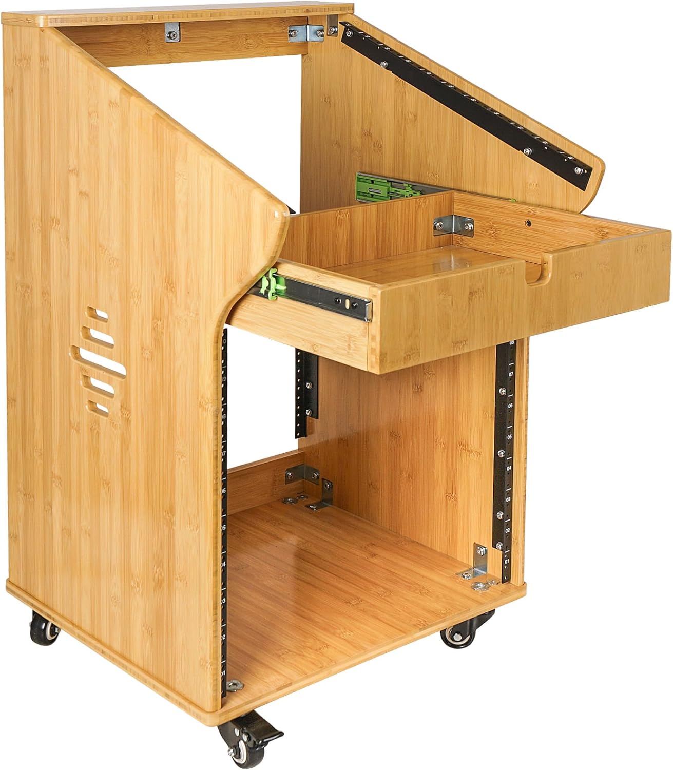 Sound Town DIY Solid Carbonized Bamboo Studio Rack with 11U Slant Mixer Top, 10U Front, 2U Drawer, Rubber Feet, Casters, for Recording Room, PA/DJ Equipment, Home-Audio (STBR-M11X10)