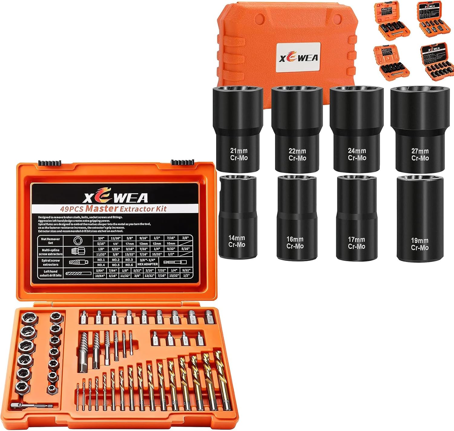 XEWEA 9PCS Bolt Nut Extractor Set + 49PCS Screw & Bolt Extractor Set with Left Hand Drill Bit