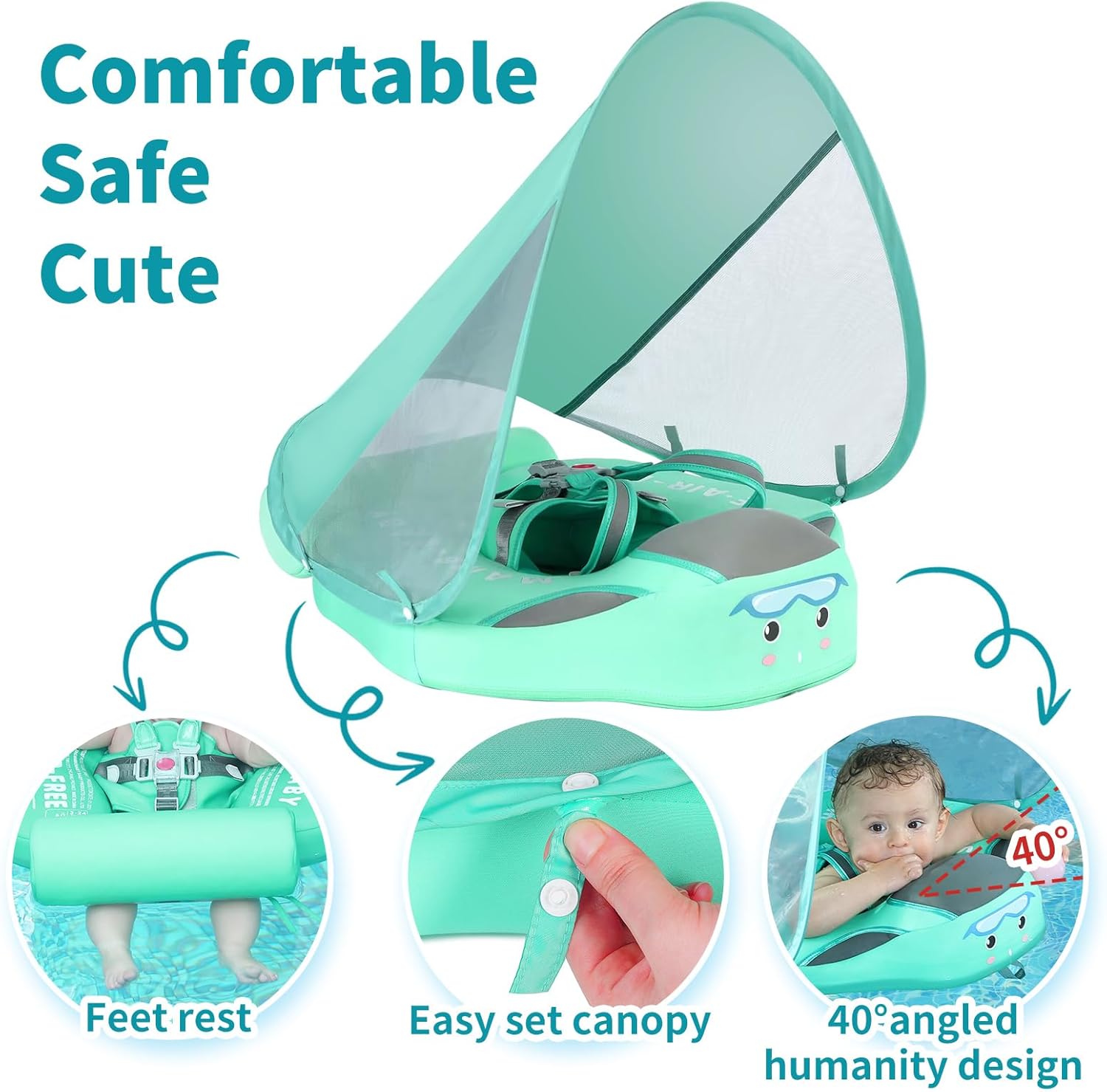 Mambobaby Float with Tail and Canopy Non-Inflatable Baby Swim Float Mambo Float Smart Swim Trainer Infant Swim Pool Float Swim Ring for 3-24months Girls Boys