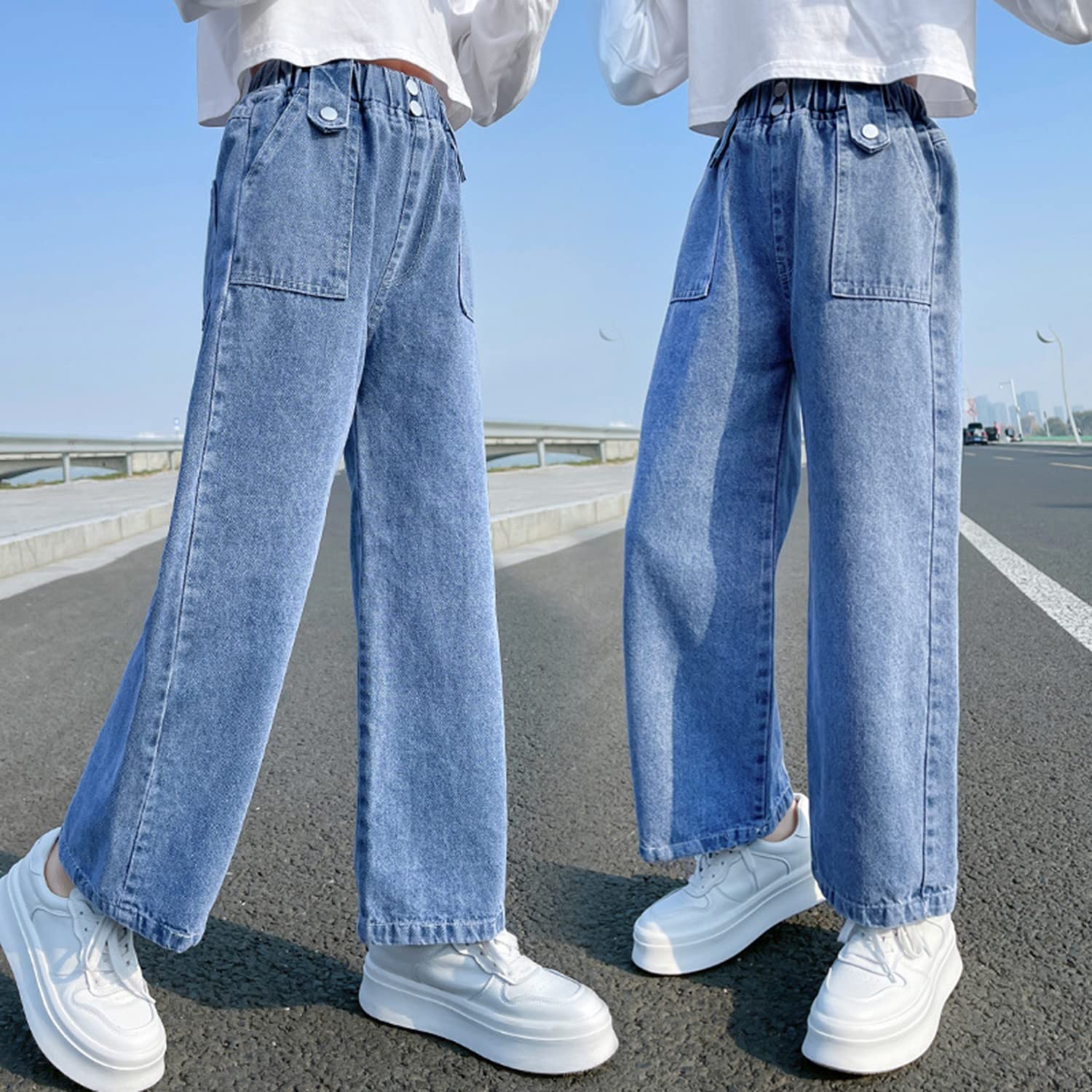 Rolanko Jeans Baggy pour Filles Pantalon en Denim Patchwork à Taille Élastiquée