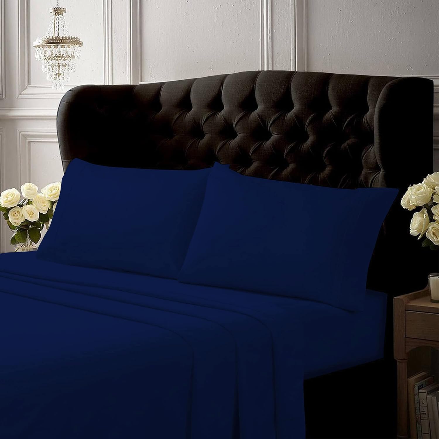 Tribeca Living Twin XL Bed Sheet Set, Crisp and Smooth Cotton Percale Solid Sheets and Pillowcase Set, Extra Deep Pocket, 300 Thread Count, 3-Piece Luxury Bedding, Midnight Blue