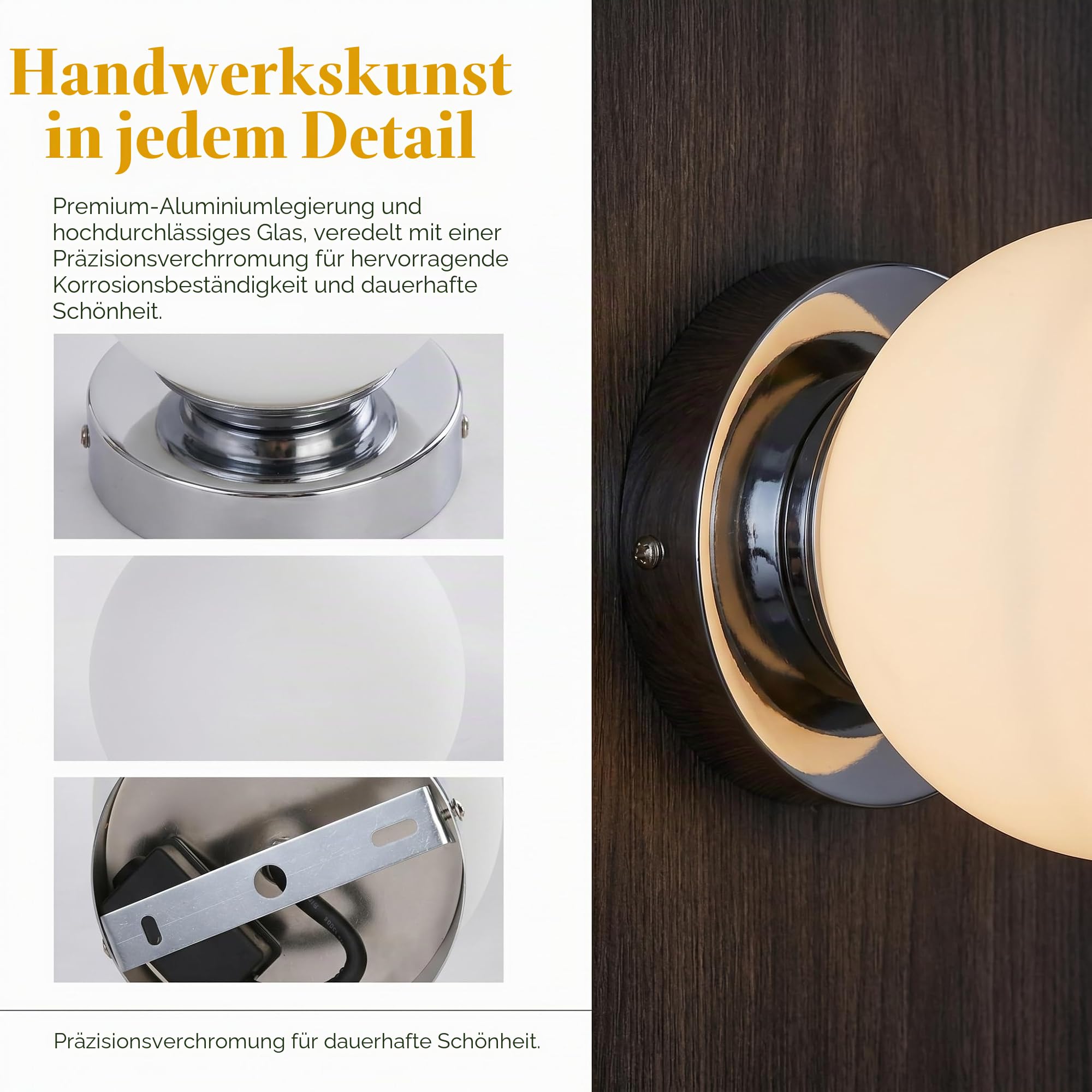 BARCELONA LED Wandleuchte Kugel Glas AVA IP44 E27, Wandlampe Kugel aus Opalglas, Badezimmer & Innenbereich Leuchte, klassisch modernes Design Chrom, dekorative Wandbeleuchtung für Bad Flur