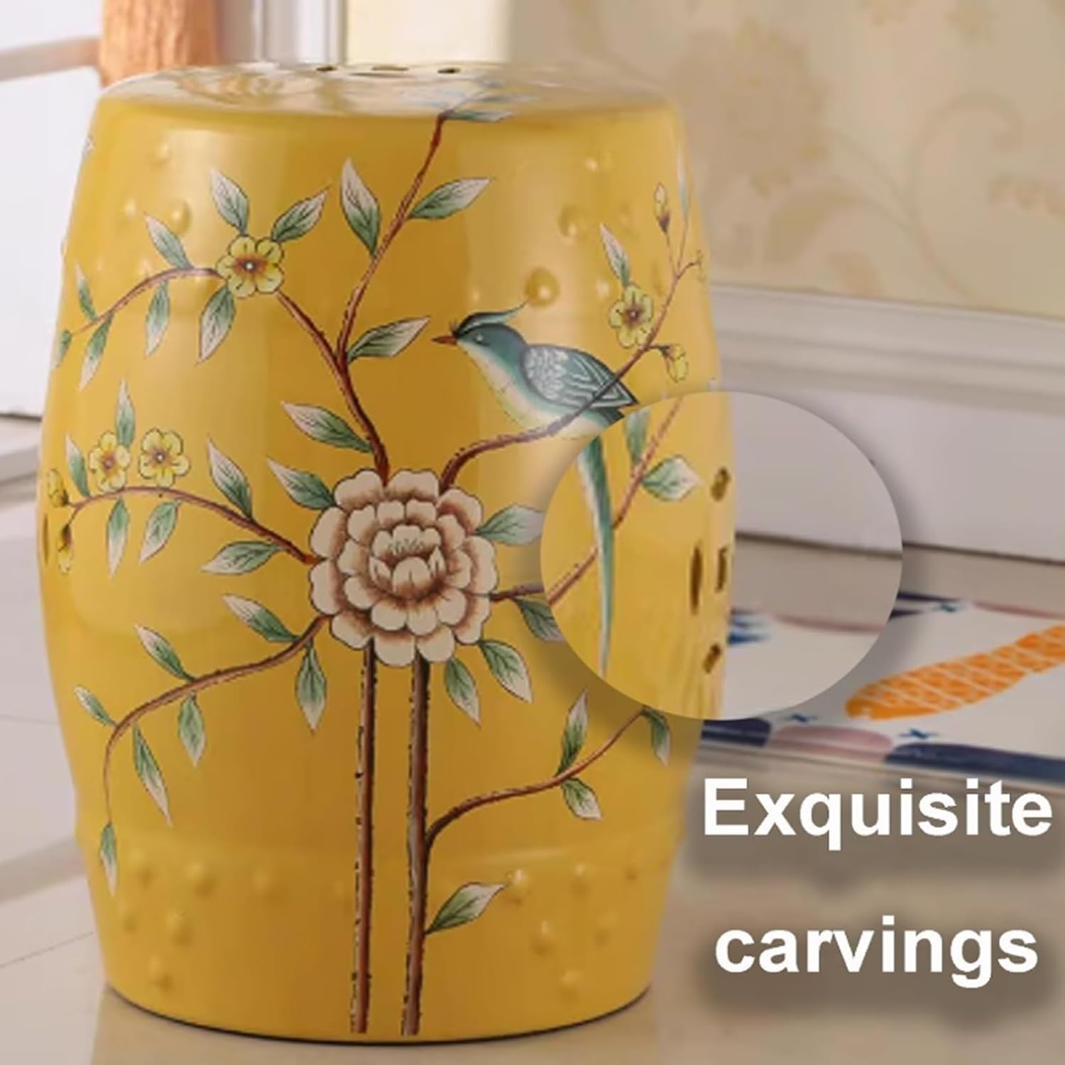 Ceramic Garden Stool, Glazed Hollowed Drum Design, Multipurpose Decorative Accent for Outdoor and Indoor Use