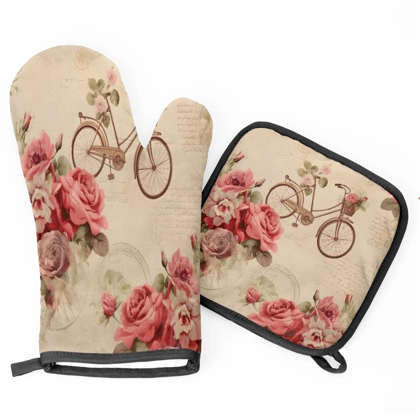 Bike Rose Poster Oven Mitts Kitchen Oven Gloves for Cooking Baking Heat Proof Lining Cotton Kitchen Potholder Mittens Pot Holders Hot Pads for Chef Women Men