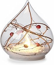 formano LED Decorative Ball Christmas Teardrop Shape 13 cm Glass Ball with Snow Berries & Branches - Decoration with Timer & LED Flame - Battery Operated - Winter Christmas Decoration for Home & Gifts