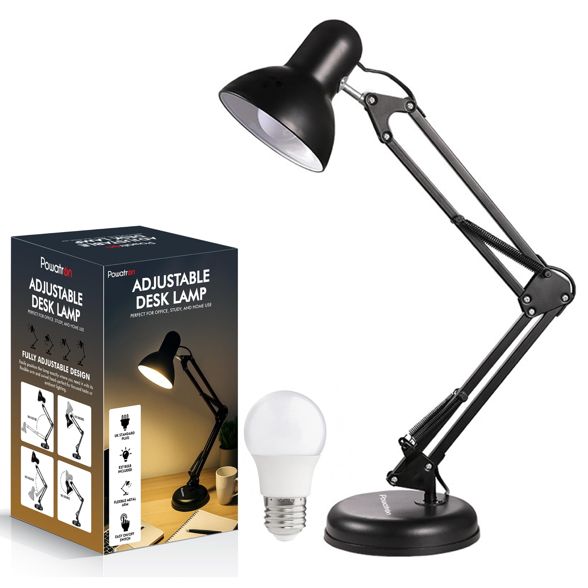 Powatron Adjustable Desk Lamp with UK Plug & E27 Bulb Included – Flexible Metal Arm, Rotatable Head, 150° Adjustable Design, On/Off Switch & 1.5m Cord – Office, Study, Bedroom (Black)