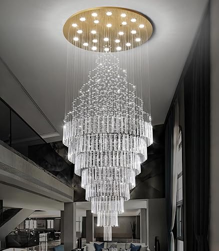 Miniatura 5 de Lámpara de araña moderna de cristal H120 pulgadas para techo alto sala de estar vestíbulo luz colgante de gota de lluvia control remoto iluminación