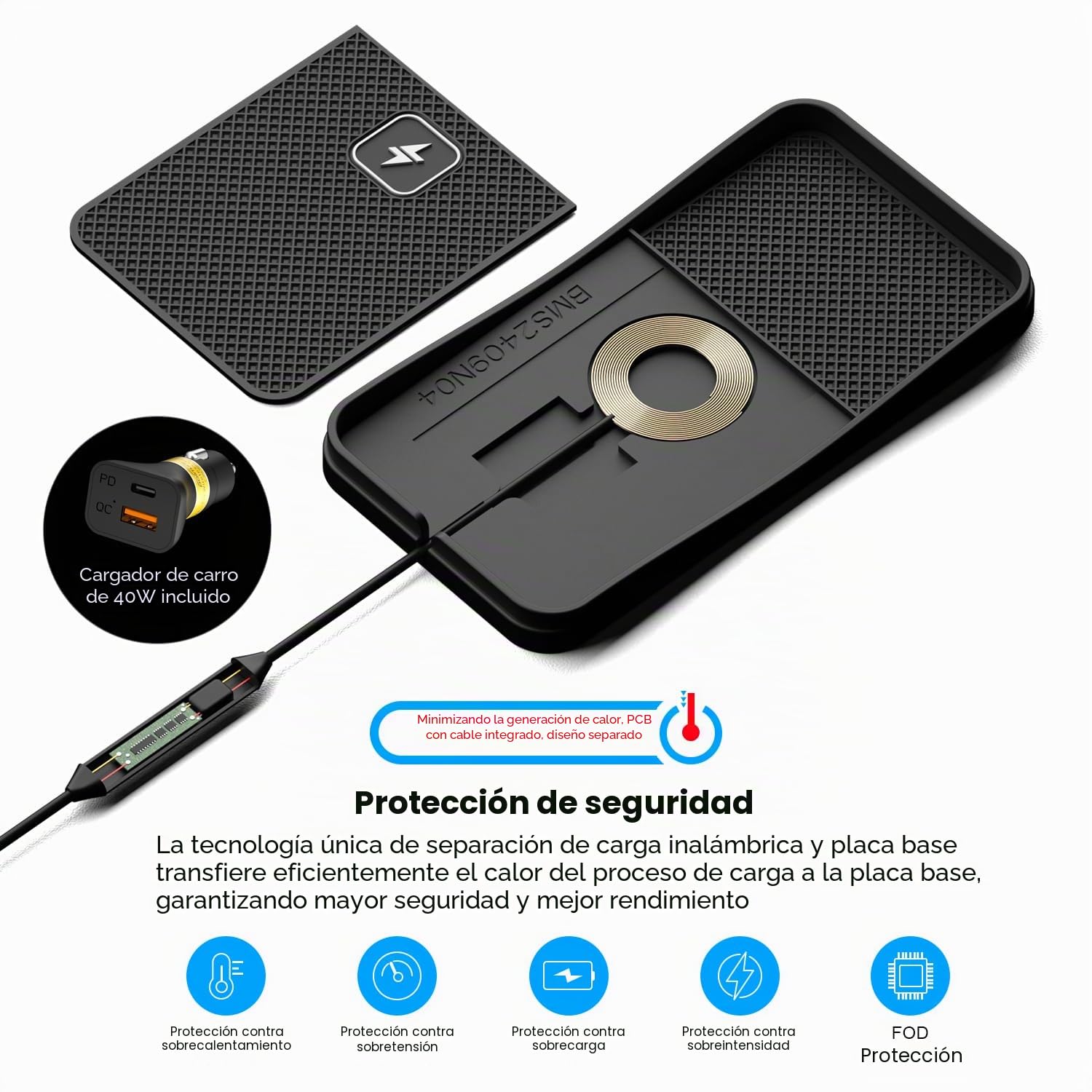 Alfombrilla Cargador Inalámbrico Coche, Polmxs 15W Cargador Coche Carga Rapida Inalambrico Antideslizante con Cable de 30cm y Extensión de 70cm, Compatible con iPhone 16/15/14/13/12, Samsung, Google