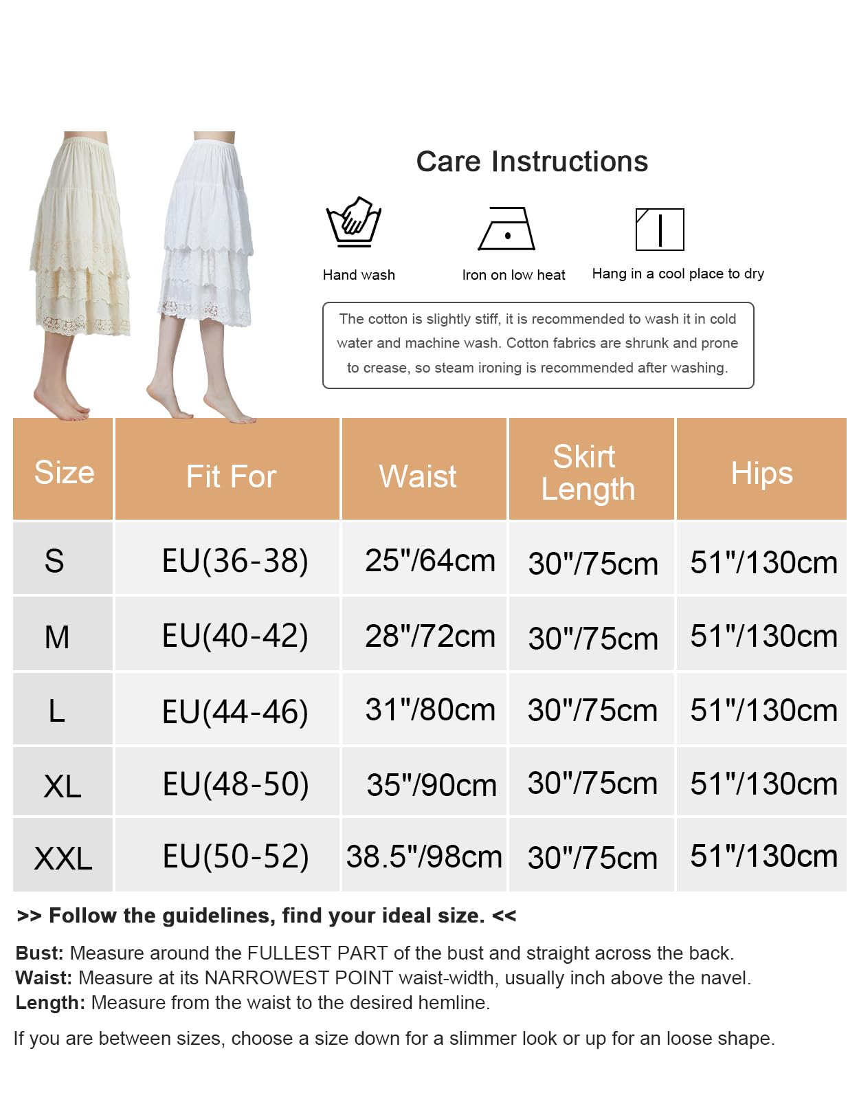 BEAUTELICATE Enaguas para Vestidos Larga 100% Algodón Antiestática Combinación para Falda Antideslizante Cintura Elástica Falda Marfil con Encaje Dobladillo