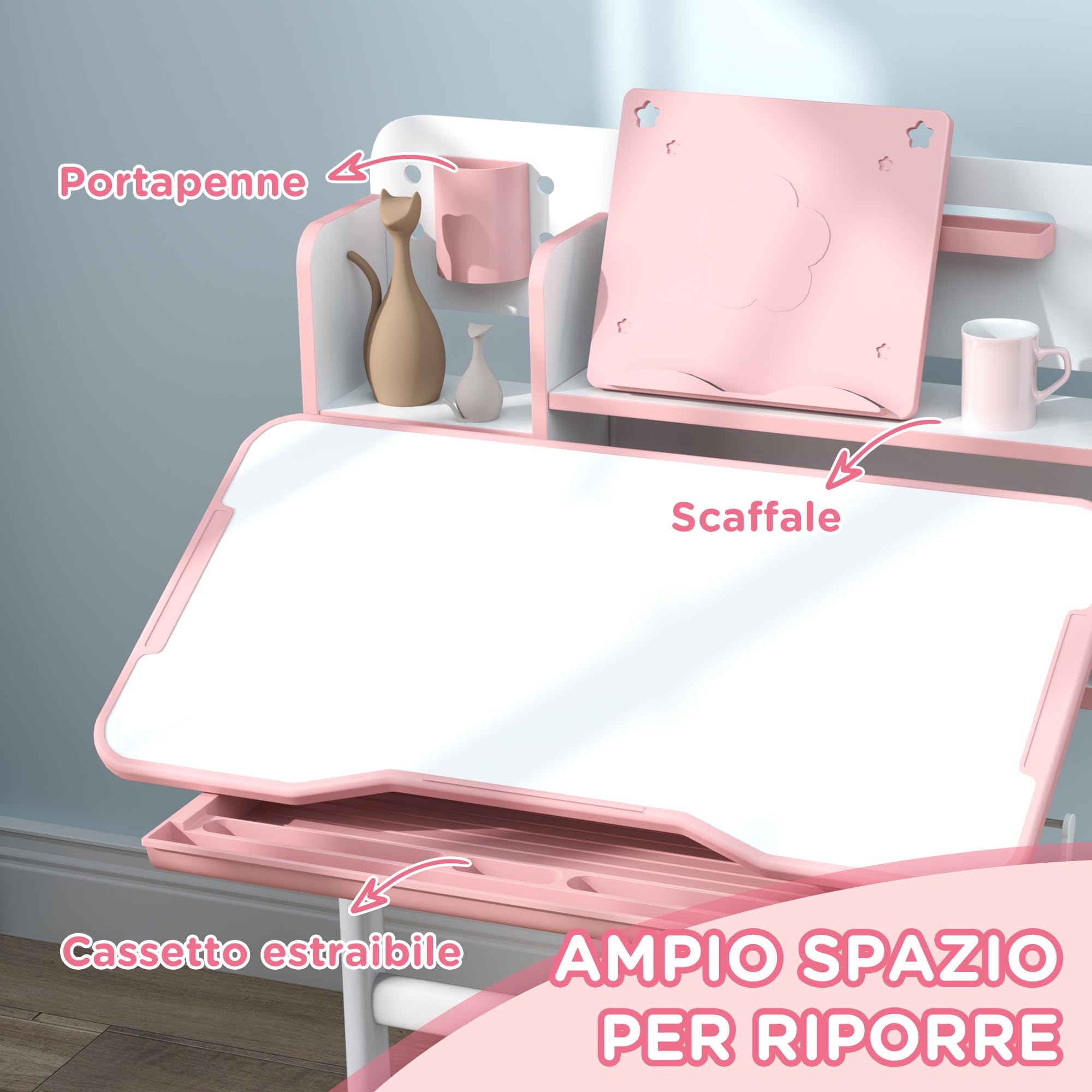 AIYAPLAY Set Scrivania e Sedia per Bambini 3-12 Anni Regolabili in Altezza, Banco Scuola con Piano Inclinabile 45°, Cassetto, Scaffale, Portapenne e Leggio, in Acciaio e MDF, Rosa