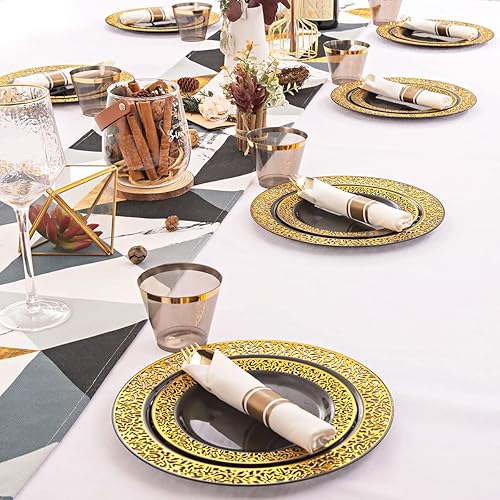 Miniatura 5 de NOCCUR 210 platos negros y dorados, platos y servilletas negros y dorados, suministros de fiesta que incluyen 30 platos de cena, 30 platos de