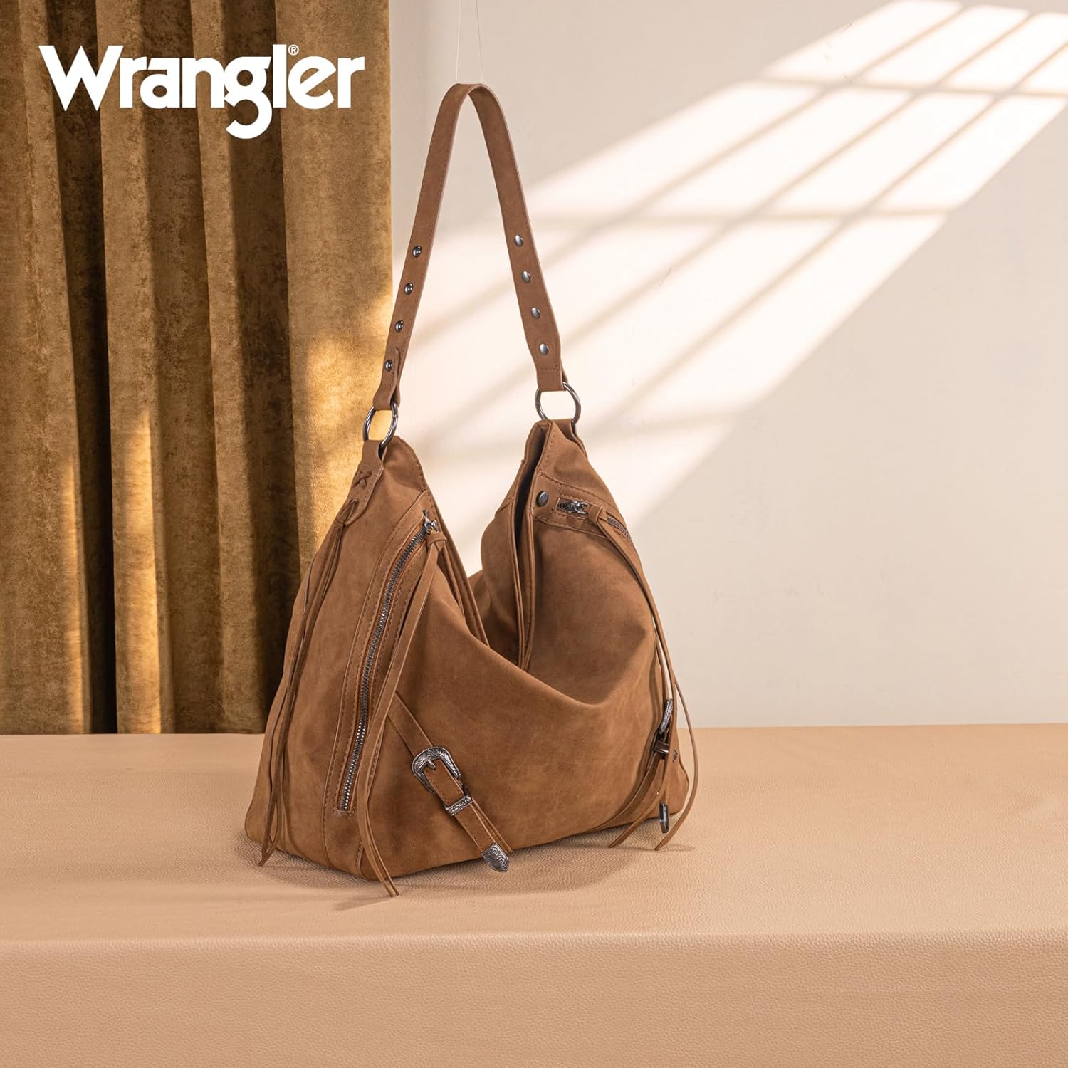 Wrangler Large Hobo Purses and Handbags for Women with Buckle and Fringe Zipper Faux Suede Shoulder Bag - Image 7