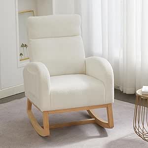DEKKETO Ivory Rocking Chair for Reading | Adults, Mum | High Backrest, Side Pocket | Boucle, Wood Base | Nursery Rocking Chair, Glider Chair