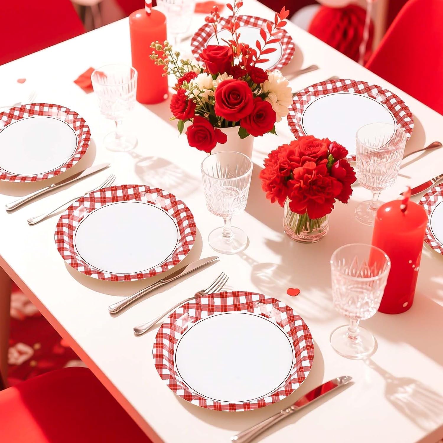 50Pcs Red and White Gingham Paper Plates 9" Red Gingham Checkered Plaid Dessert Plates Disposable Valentine's Day Party Supplies for Valentine's Day Picnic BBQ Baby Shower Birthday Party Decorations - Image 5