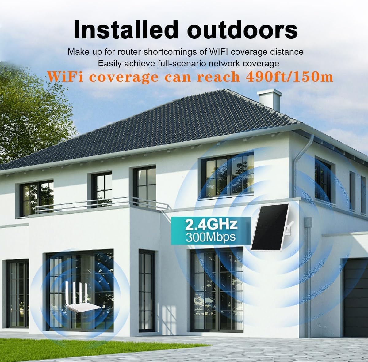Zewnętrzny dwupasmowy przedłużacz/wzmacniacz sygnału WiFi WiFi, odpowiedni dla routerów 2.4GHz, wzmacniacze WiFi, 300Mbps, promień pokrycia do 490stóp/150m, 15W/5V panel słoneczny, IP65,20000mAh
