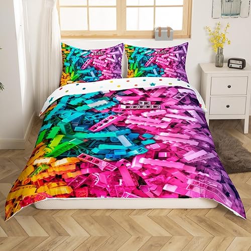 Miniatura 3 de Erosebridal Juego de ropa de cama de juguete colorido con patrón de bloques de construcción, funda de edredón para niños y niños, juego de funda de