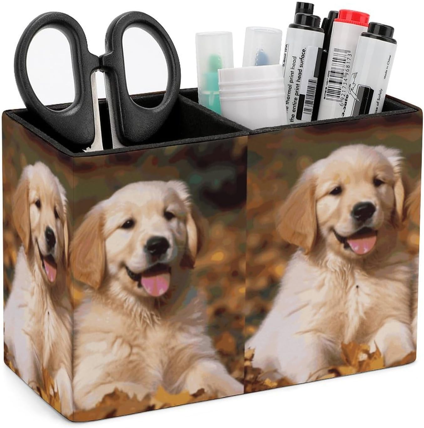 Leather Pen Holder for Desk Organizer Golden Retriever Dogs Puppies Pets Pencil Holder 2 Slots Cute Pencil Cup Decorative Makeup Brush Holder Cup Office Pen Cup Desk Accessories Pen Organizer