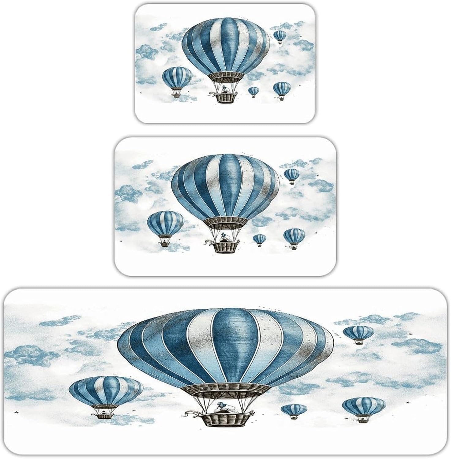 Blue Hot Air Balloon Kitchen Mat Set of 3 Waterproof Floor Mats Non-Slip Kitchen Rugs Premium Flannel Rug Heavy Duty Standing Mat for Kitchen Home Bathroom Laundry