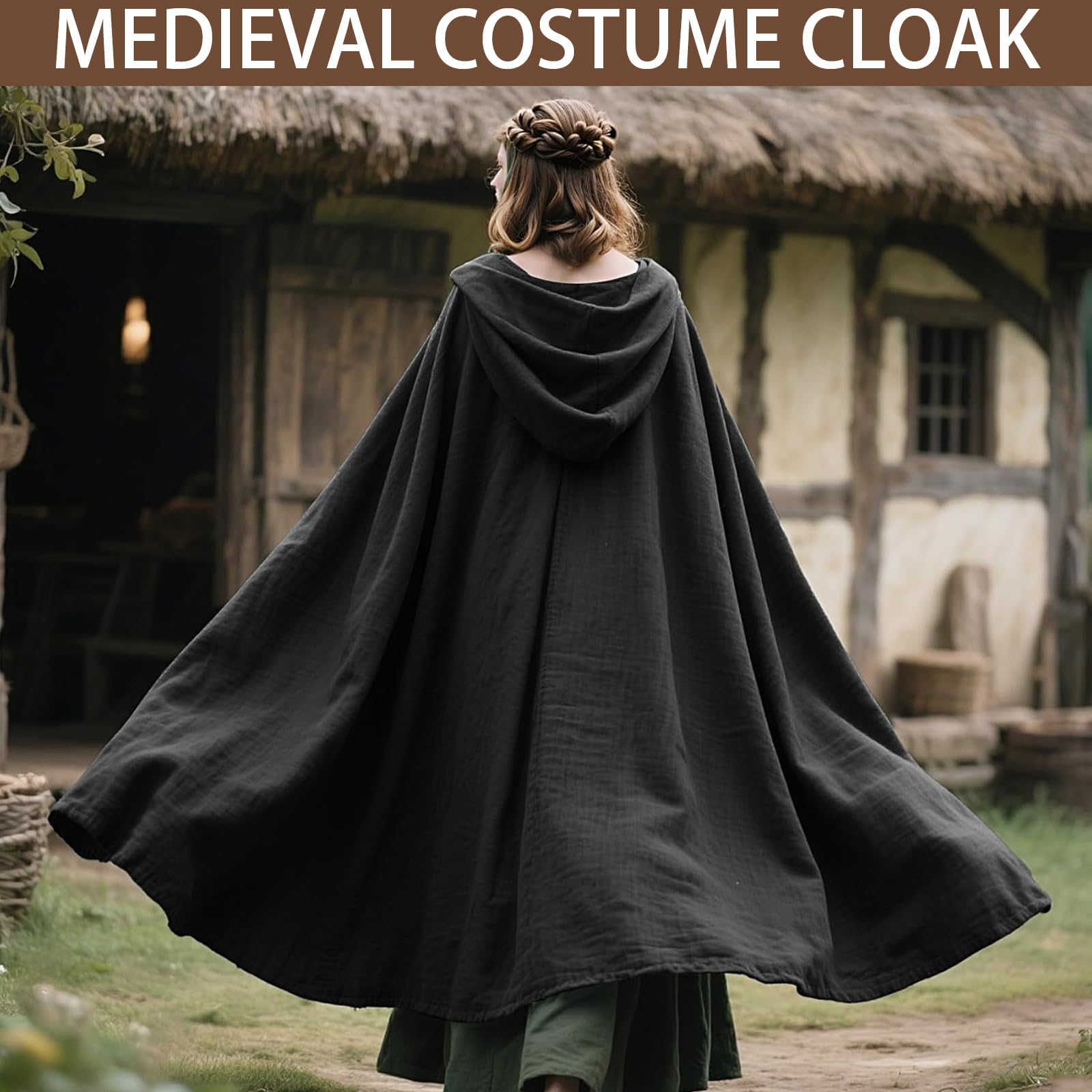 Mittelalter Umhang Leinen Kapuzenumhang, Renaissance Kapuzenumhang, Mittelalter Kleidung Unisex, Halloween Karneval Mittelalter Kapuzenmantel (Schwarz)