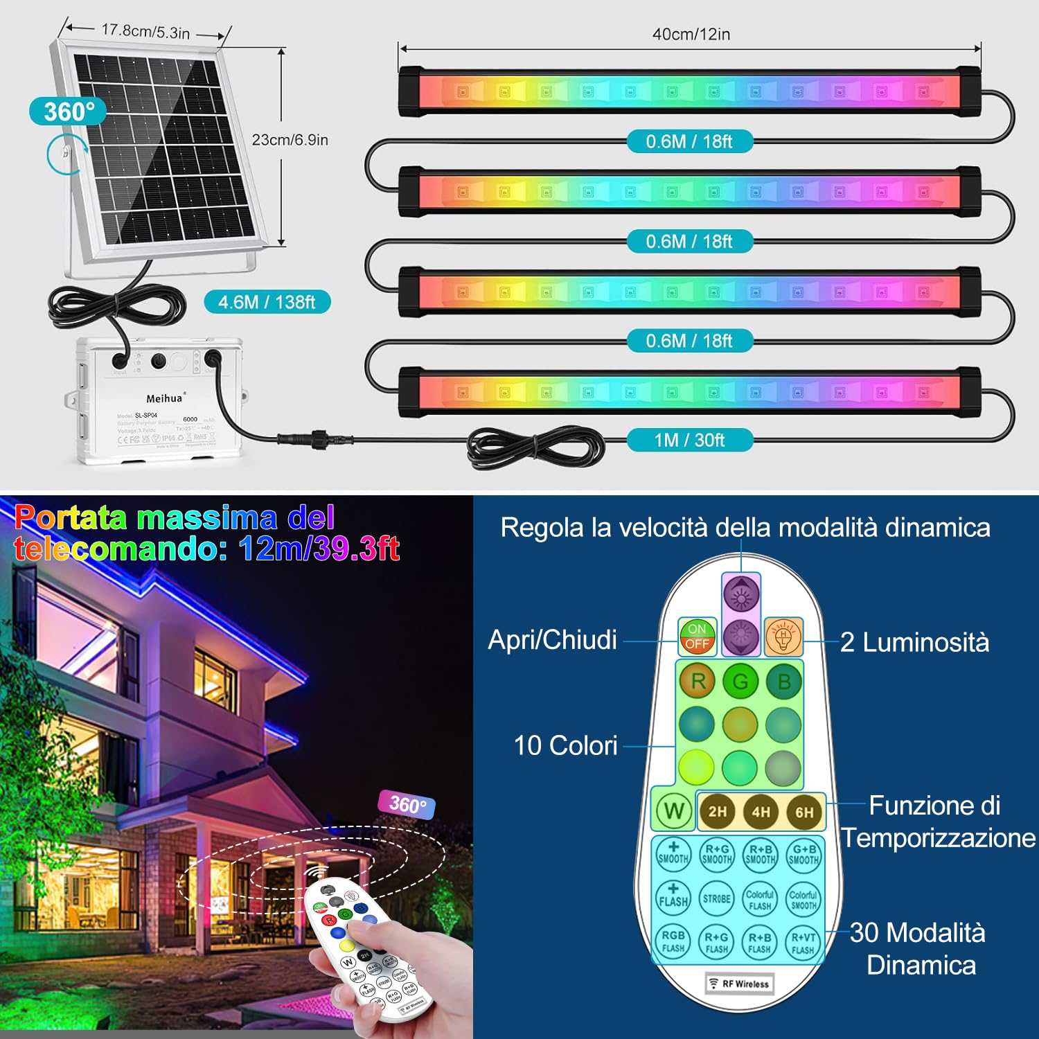 MEIHUA Faretto Solare Esterno RGB 10 Colori 30 Modalità Lampade LED da Giardino Solari Barra LED RGB IP66 Impermeabile 6000mAh Timer 2 Luminosità Luce Solare per Giardino Cortile Halloween Natale