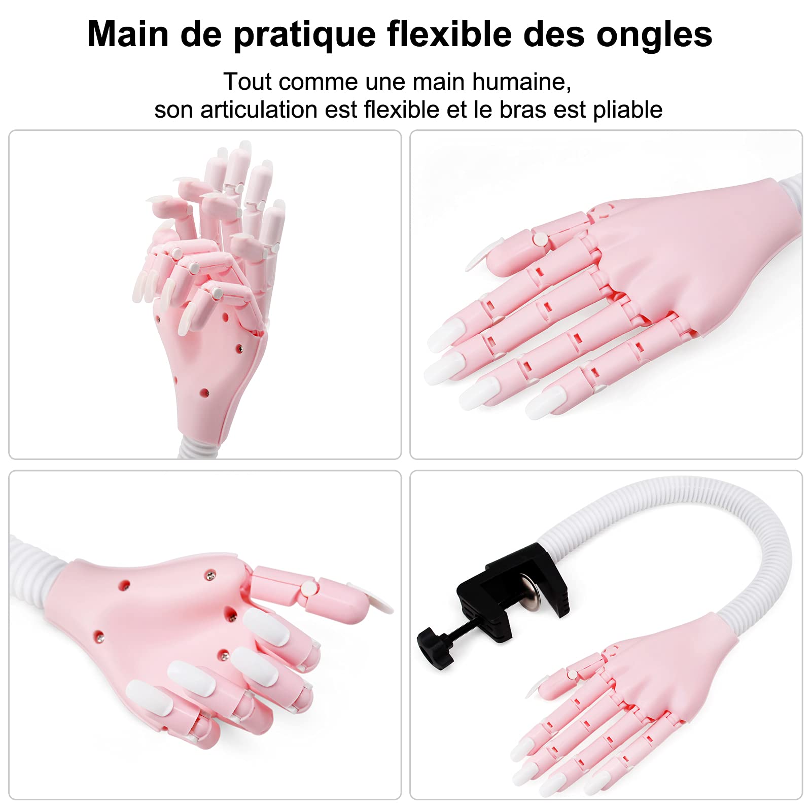 Main D'entrainement Manucure, Flexible Réglables Modèle Main Avec 400 Faux Ongles, Professionnels Main d Entrainement Pour Ongle, Rose