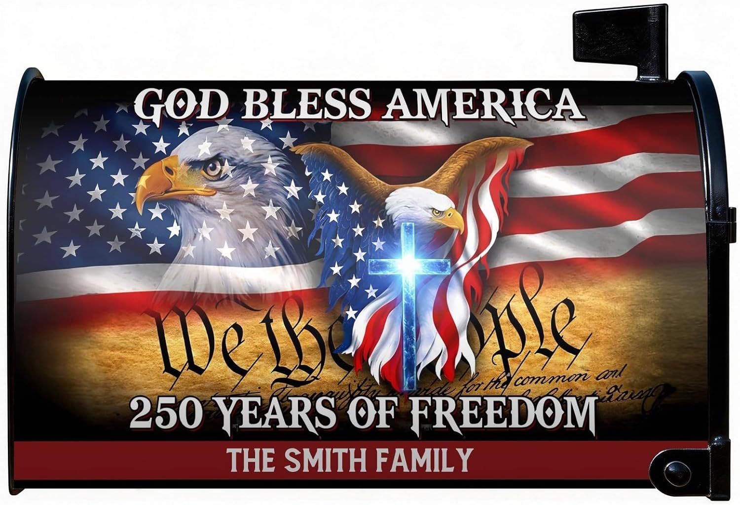 Personalized Patriotic 250th Anniversary Magnetic Mailbox Cover, God Bless America 1776-2026, USA Eagle & Flag Cross Waterproof Outdoor Post Letter Box Wrap for Garden Yard 21" x 25.5"