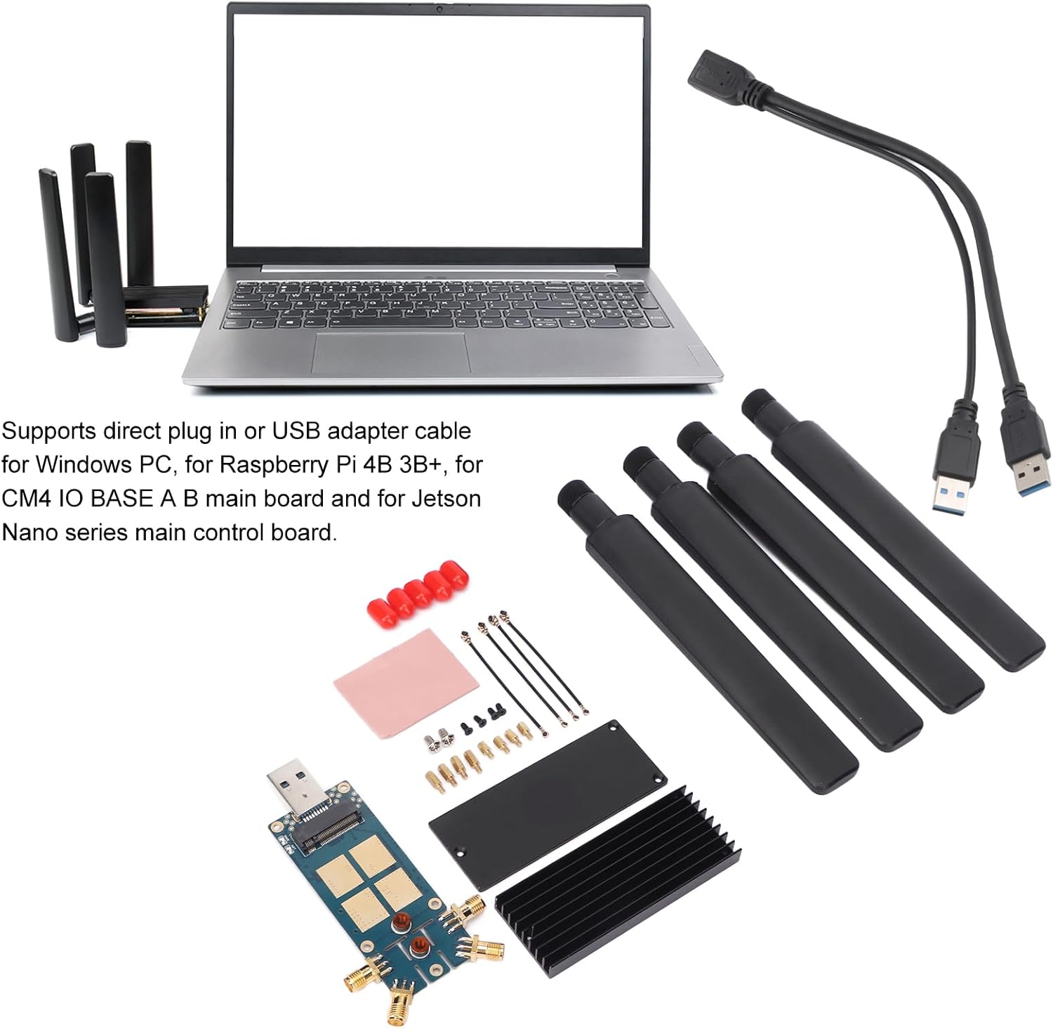 M.2 to USB 5G Adapter with SIM Card Slot, Aluminum Alloy Heatsink, 4 Antennas, Compatible with Windows, Linux, RPI 4B/3B+, IO Base A/B Motherboard