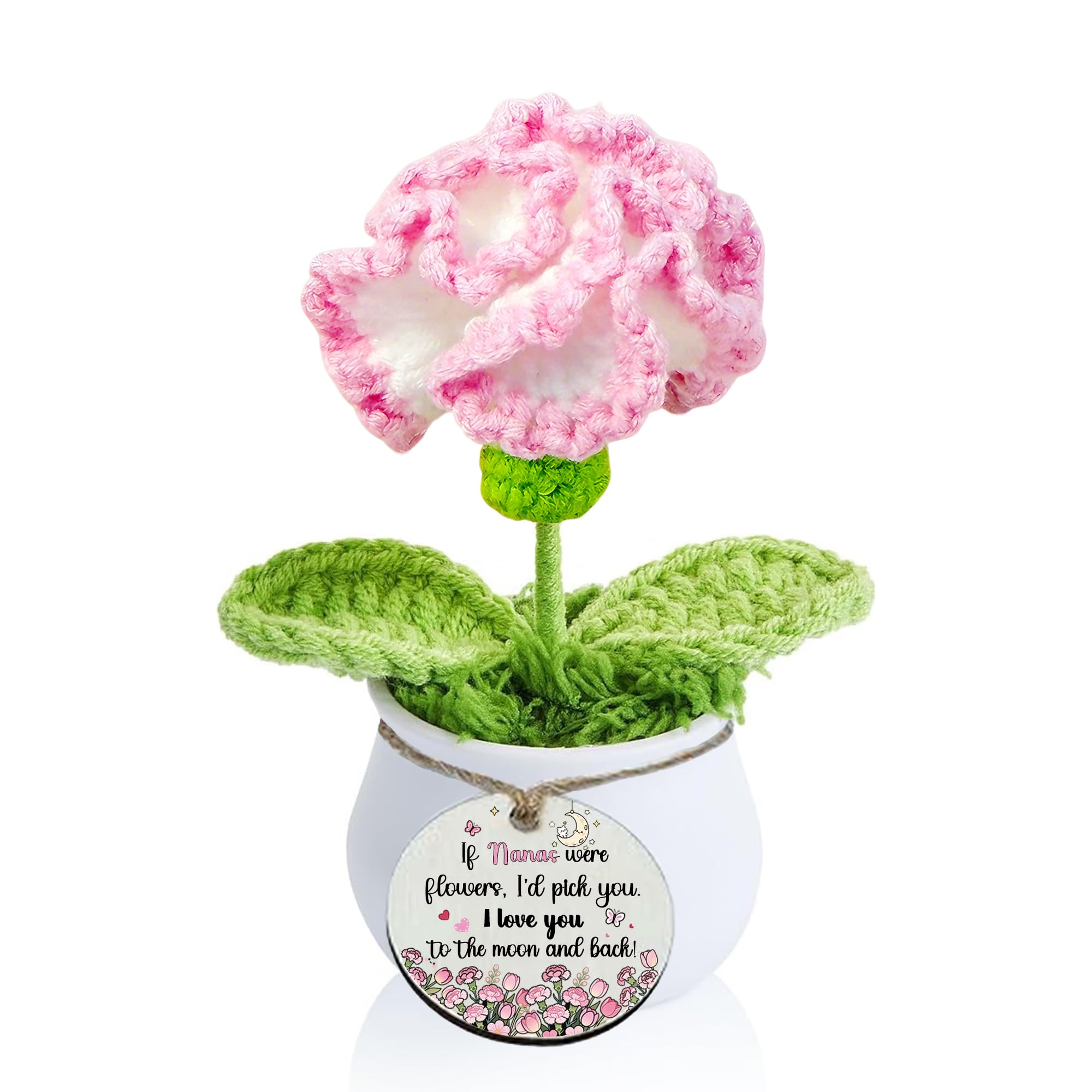 LUFLQQAE Nana Gifts Crochet Carnation Pot Positive for Grandmother Birthday Family Day Funny Handmade Knitted Flower Nan Christmas Retirement Appreciate Decor Ornament from Grandkids